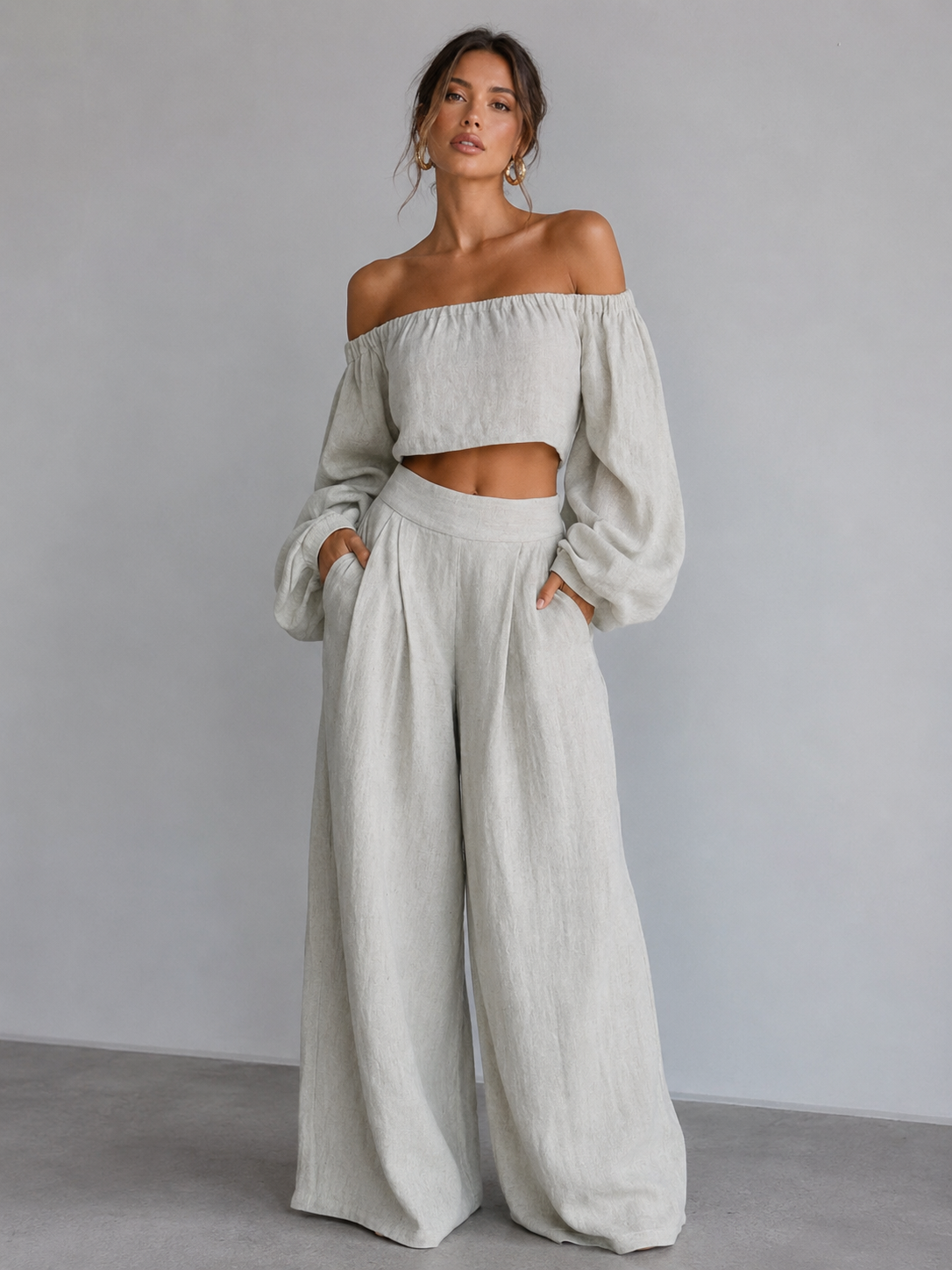 Giorgia - Conjunto elegante de lino con top corto y pantalones amplios