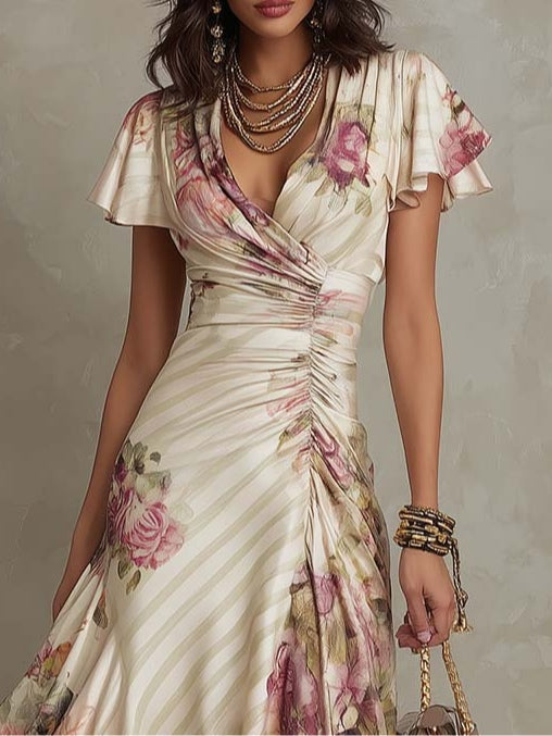 Karen - Elegante vestido midi de satén con estampado floral y estilo vintage