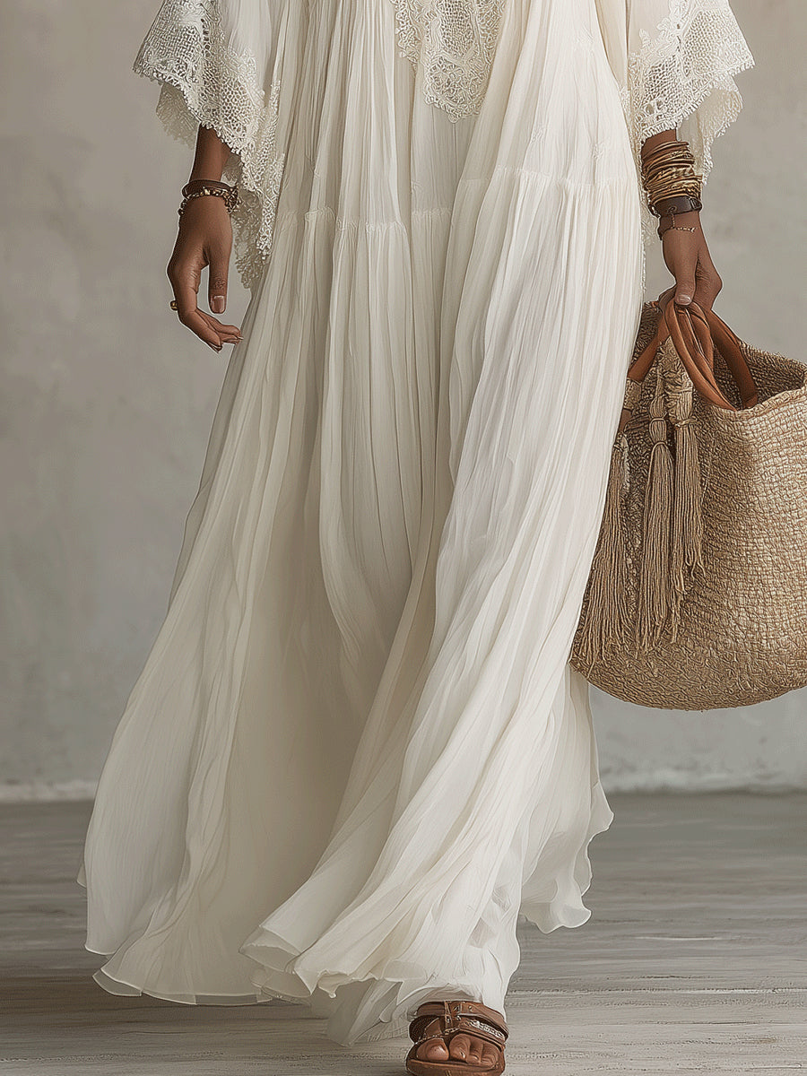 Celeste | Abito lungo in chiffon con maniche a pipistrello e pizzo