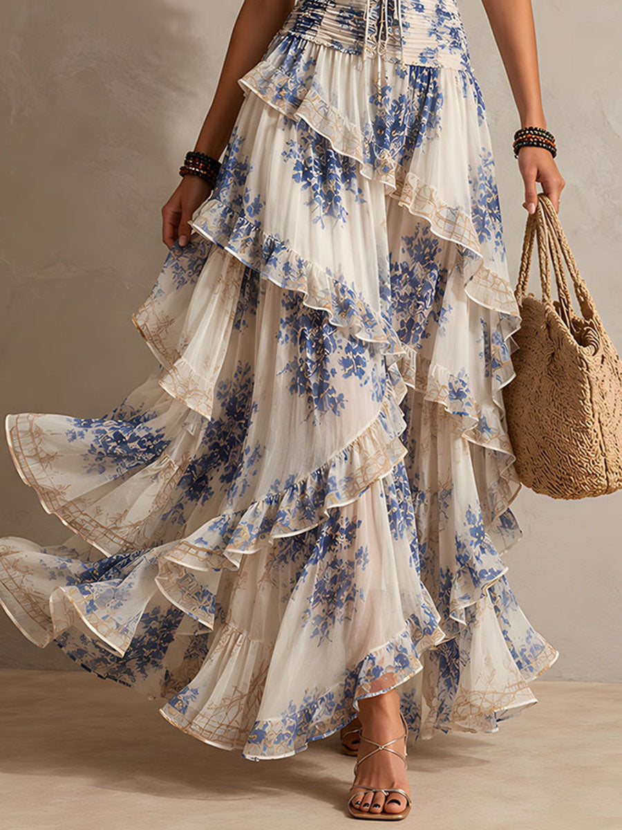 Lidia - Maxivestido romántico con estampado floral azul y blanco