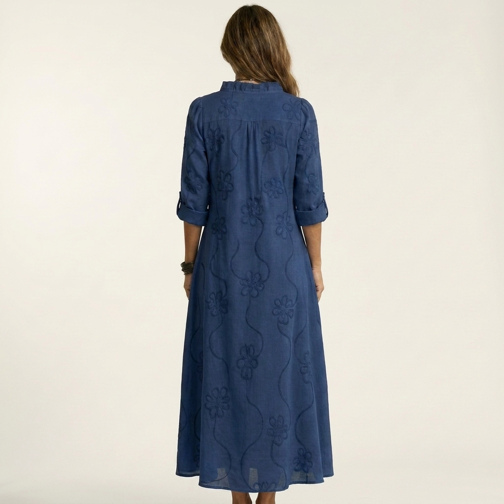 Melinda | Vestido largo de algodón y lino con bordado floral a tono