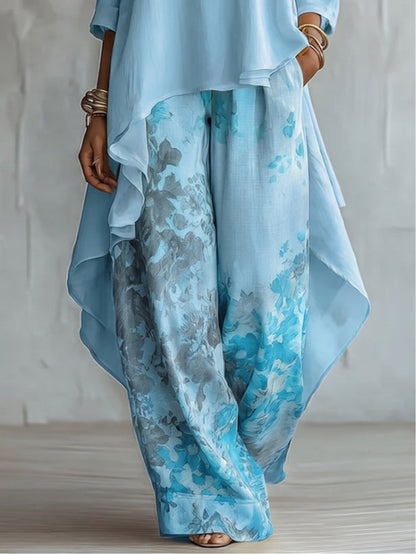 Luna -  Conjunto de top asimétrico y pantalones de pierna ancha con estampado floral