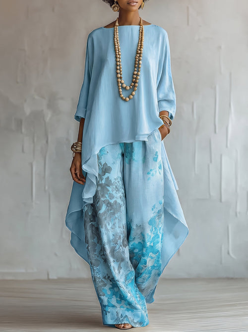 Luna -  Conjunto de top asimétrico y pantalones de pierna ancha con estampado floral