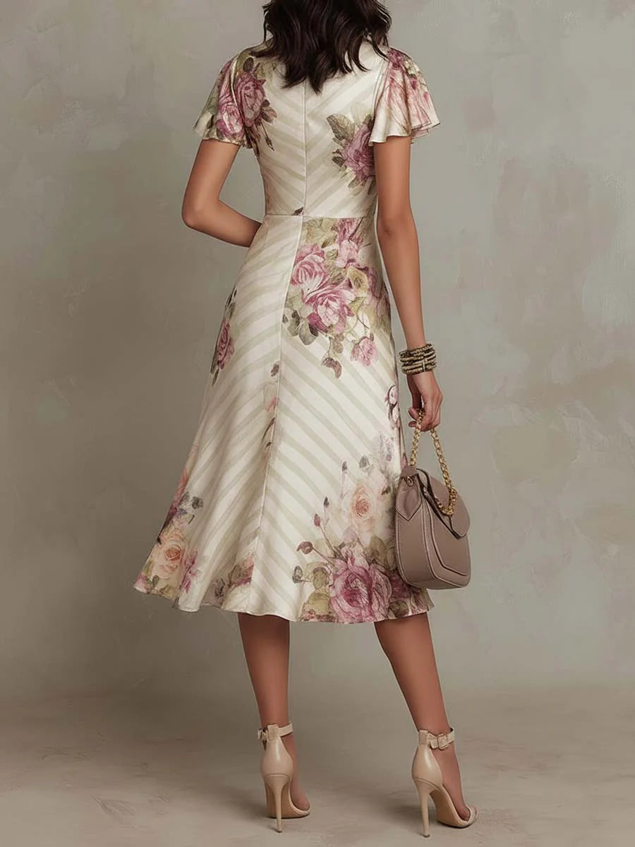 Karen - Elegante vestido midi de satén con estampado floral y estilo vintage