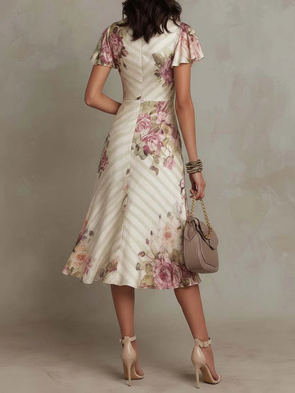 Karen - Elegante vestido midi de satén con estampado floral y estilo vintage