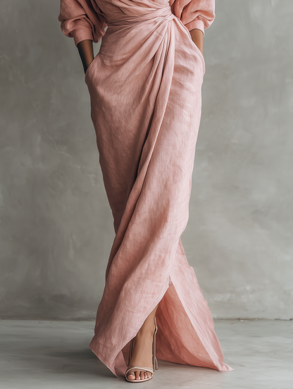 Beatrice - Maxi abito da donna rosa in misto lino, stile minimalista con scollo a V