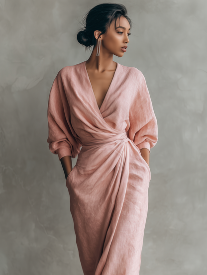 Beatrice - Maxi abito da donna rosa in misto lino, stile minimalista con scollo a V