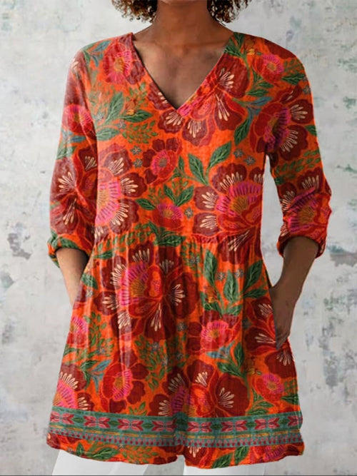 Aubrey Ethnic Summer Floral V-Neck Shirt