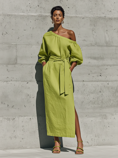 Melissa - Abito midi verde lime in misto lino, con spalle scoperte