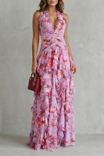 Belladina | Vestido largo romántico con escote y cascada de rosas