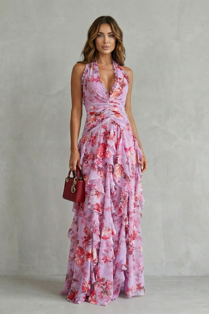 Belladina | Vestido largo romántico con escote y cascada de rosas
