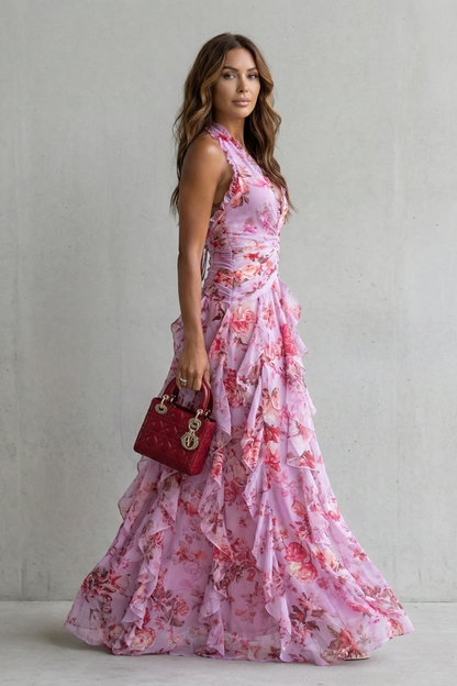 Belladina | Vestido largo romántico con escote y cascada de rosas