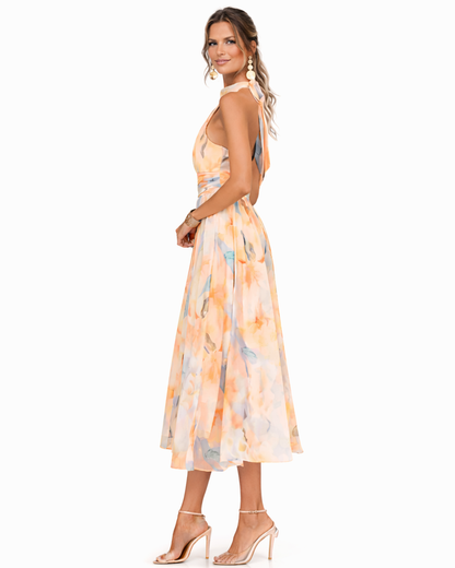 Aurora | Vestido con escote y estampado de acuarela