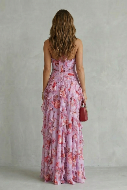 Belladina | Vestido largo romántico con escote y cascada de rosas