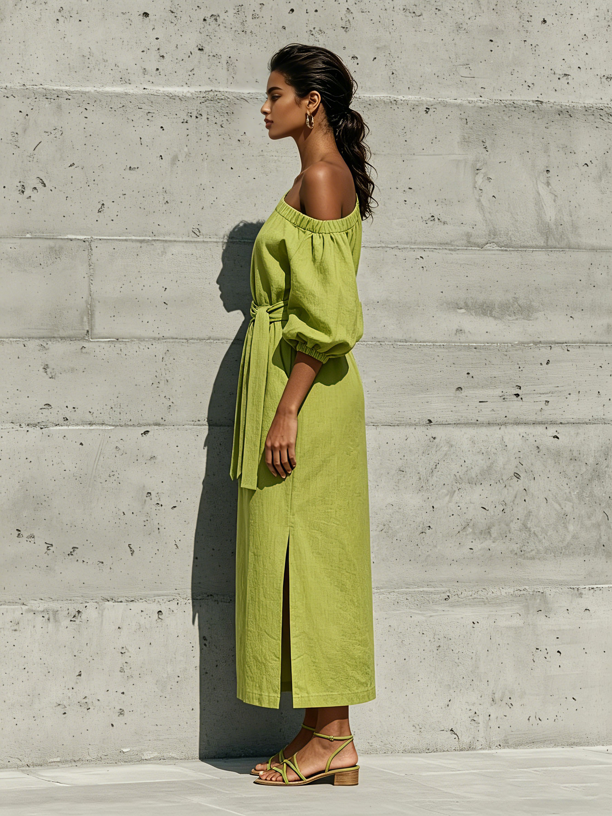 Melissa - Abito midi verde lime in misto lino, con spalle scoperte