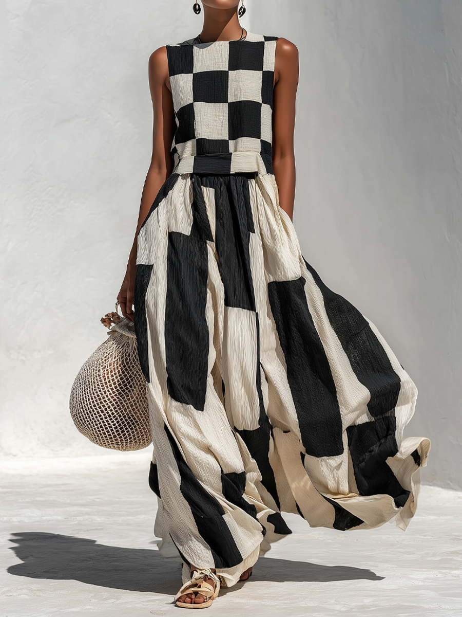 Viviana - Vestido largo sin mangas con estampado de cuadros y rayas