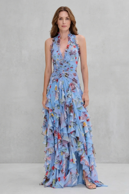 Belladina | Vestido largo romántico con escote y cascada de rosas