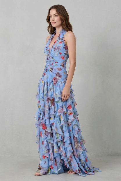Belladina | Vestido largo romántico con escote y cascada de rosas