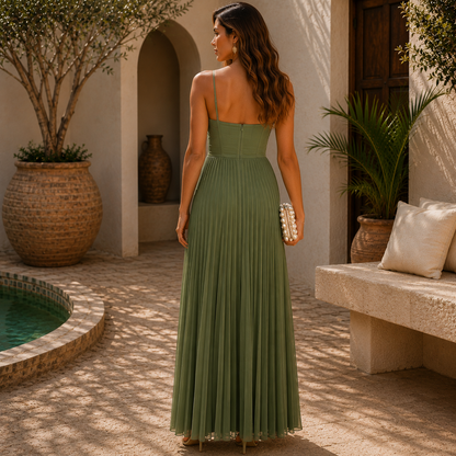 Vestido Soraya™ | Elegancia Plisada en Verde Salvia