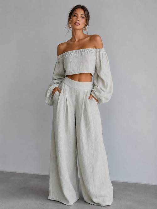 Giorgia - Conjunto elegante de lino con top corto y pantalones amplios