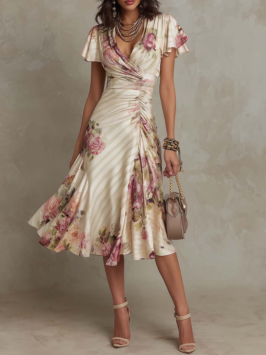 Karen - Elegante vestido midi de satén con estampado floral y estilo vintage