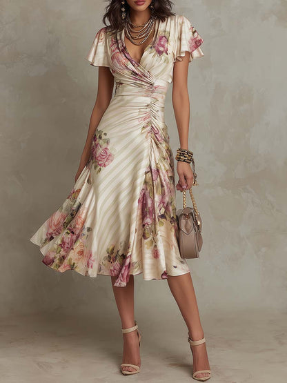 Karen - Elegante vestido midi de satén con estampado floral y estilo vintage