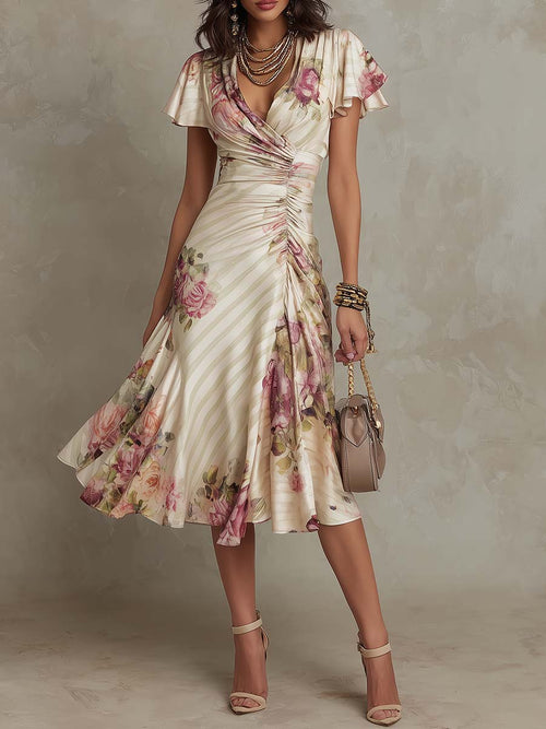 Karen - Elegante vestido midi de satén con estampado floral y estilo vintage
