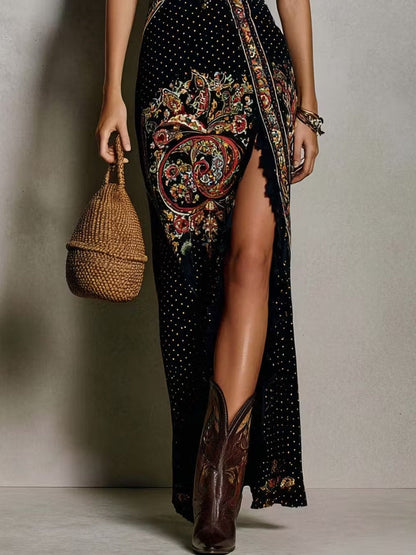Helena - Vestido estampado de estilo bohemio con escote en V profundo
