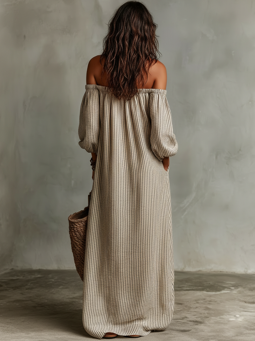Aurelia - Abito maxi in misto cotone e lino con spalle scoperte