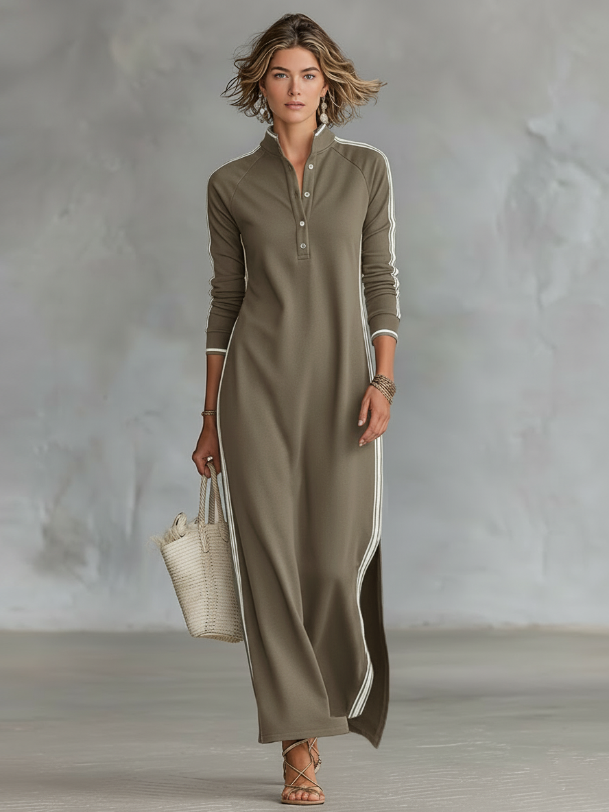 Fabiana - Abito maxi felpa con colletto a camicia e dettagli bianchi