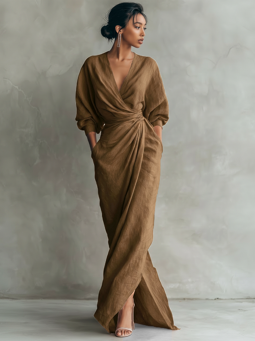 Beatrice - Maxi abito da donna rosa in misto lino, stile minimalista con scollo a V