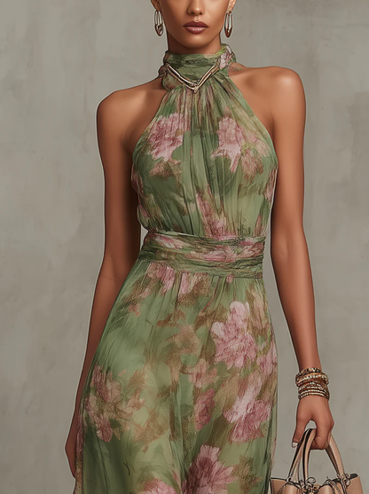 Olivia | Elegante vestido largo halter con estampado floral
