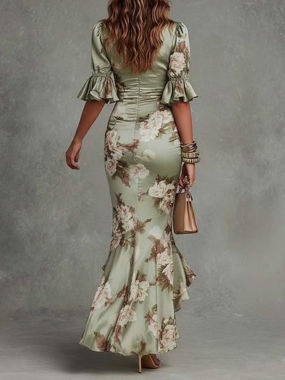 Garén - Maxivestido asimétrico de satén con estampado floral verde