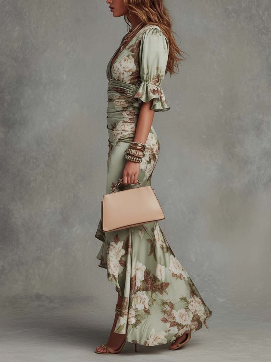 Garén - Maxivestido asimétrico de satén con estampado floral verde