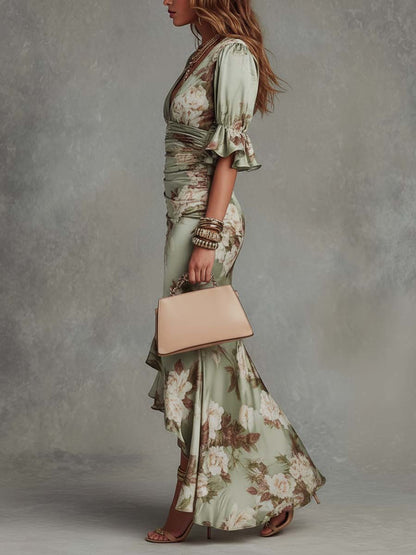 Garén - Maxivestido asimétrico de satén con estampado floral verde