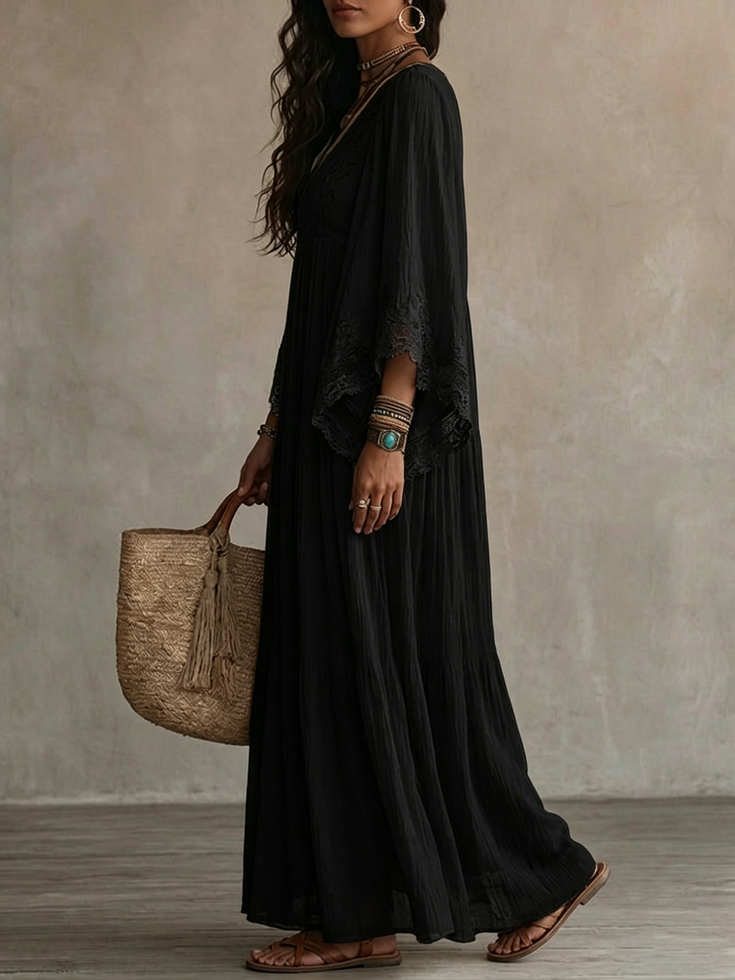 Celeste | Abito lungo in chiffon con maniche a pipistrello e pizzo