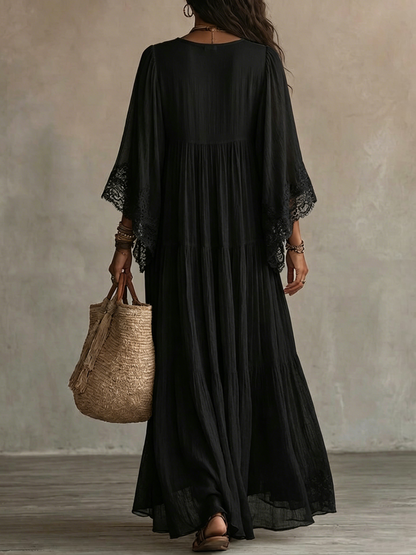 Celeste | Abito lungo in chiffon con maniche a pipistrello e pizzo