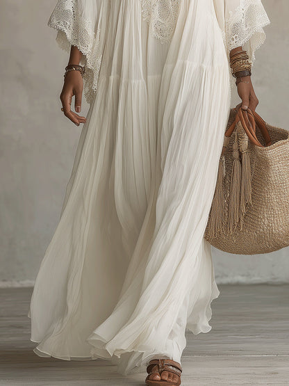 Lurdes - Maxivestido de chifón blanco con encaje