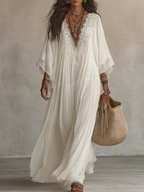 Lurdes - Maxivestido de chifón blanco con encaje