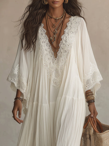 Lurdes - Maxivestido de chifón blanco con encaje