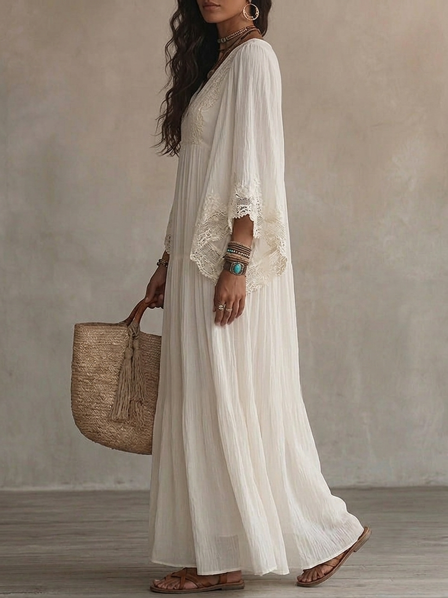 Lurdes - Maxivestido de chifón blanco con encaje