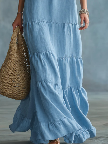 Anita | Maxi abito boho azzurro cielo con scollo a V e volant