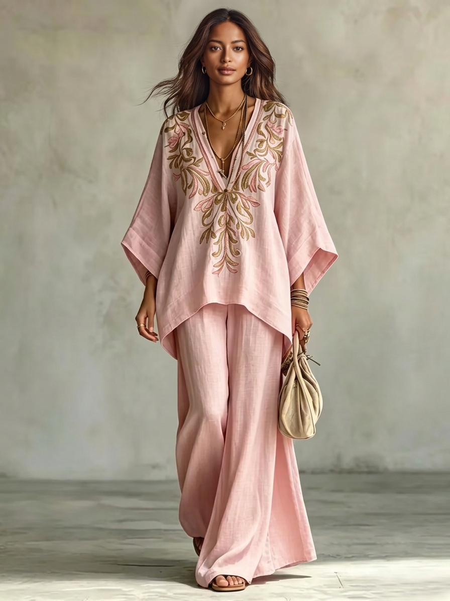 Marianna | Completo rosa con top a mantella ricamato e pantaloni a gamba larga