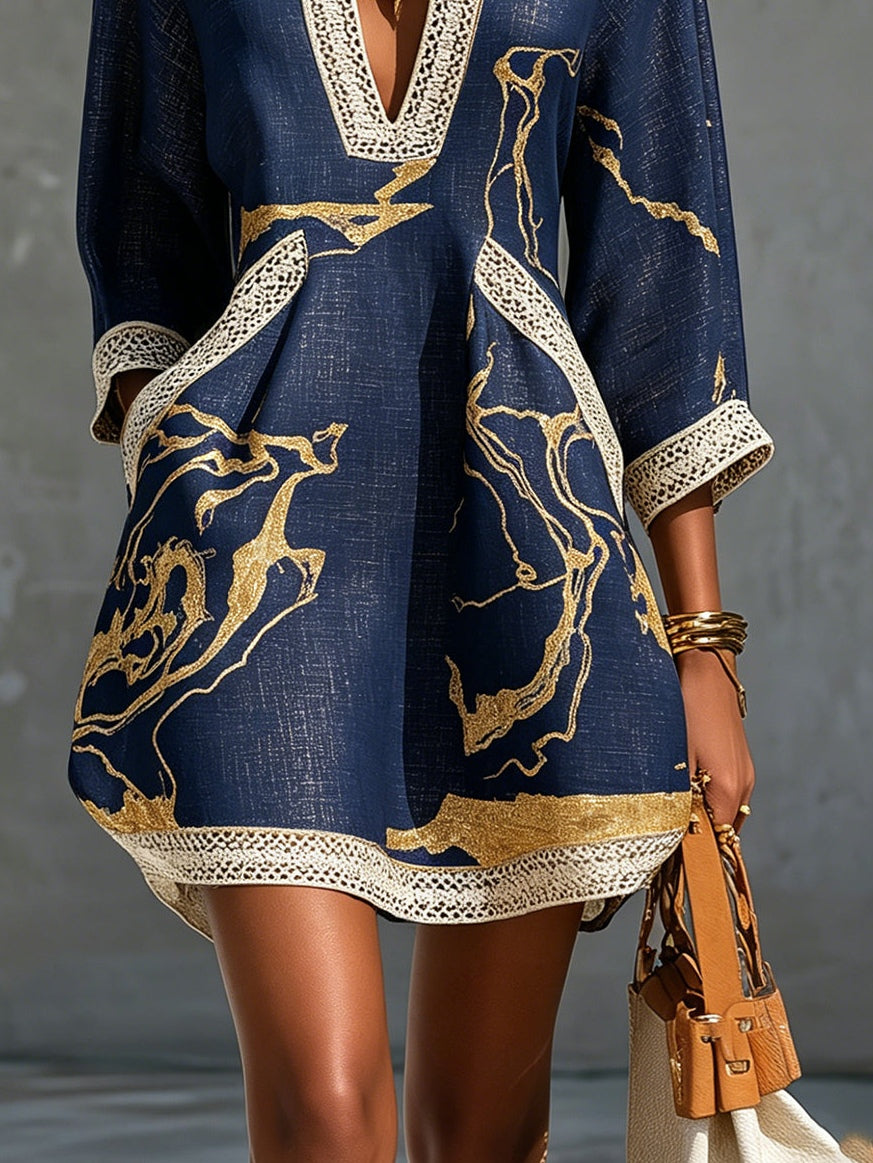 María - Minivestido azul marino con estampado dorado