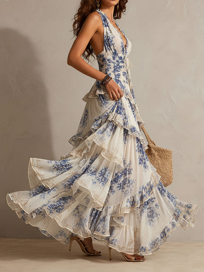 Lidia - Maxivestido romántico con estampado floral azul y blanco