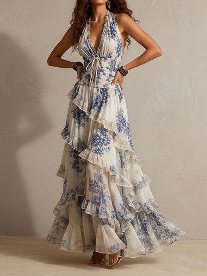 Lidia - Maxivestido romántico con estampado floral azul y blanco