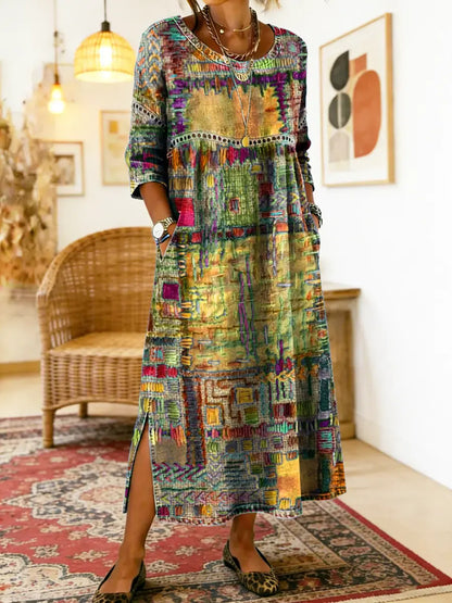 Manuela Printed Dress with Ethnic Patchwork