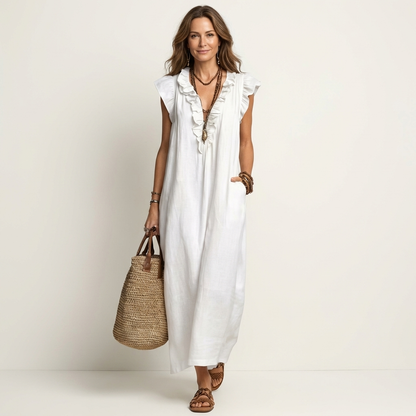 Mónica | Vestido largo de lino con cuello en V y volantes