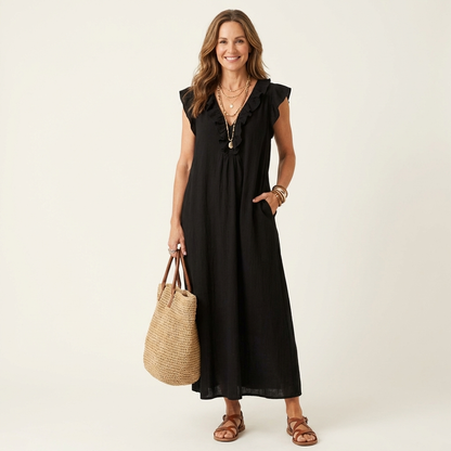 Mónica | Vestido largo de lino con cuello en V y volantes
