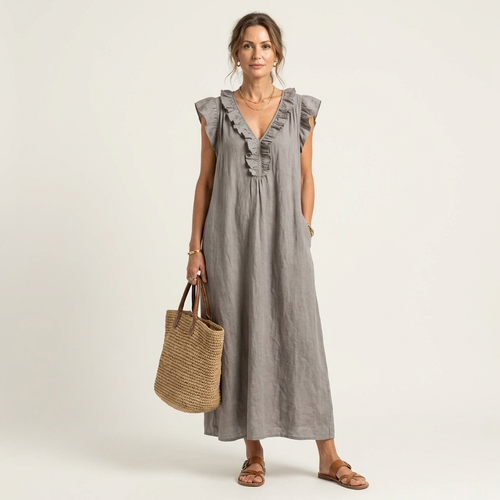 Mónica | Vestido largo de lino con cuello en V y volantes